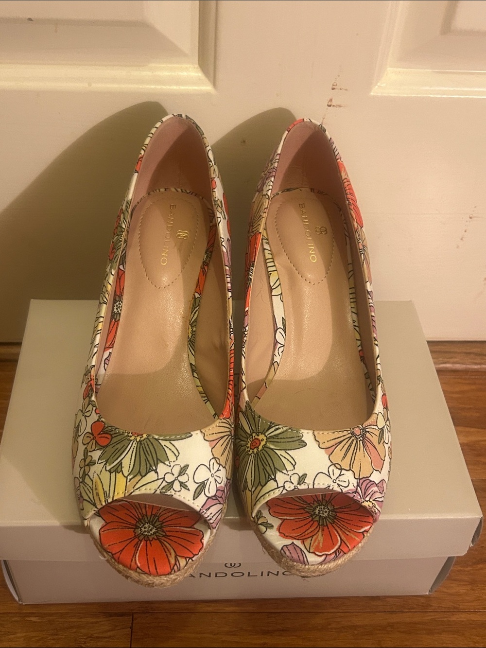Bandolino Floral Peep-Toe Wedges in White, Orange, Green, Pink